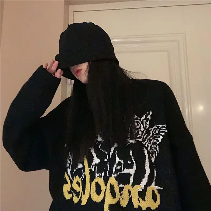 

Autumn Sweater Women Harajuku Cartoon Animal Sweater Cute Monster Sweater Loose Round Neck Knit Sweater Fashion Letter Sweater