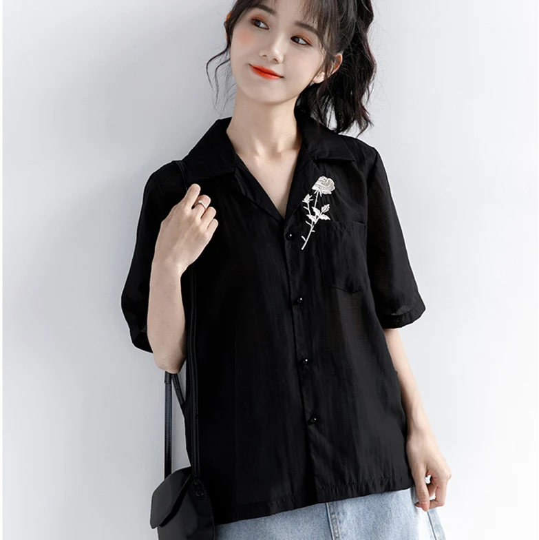 

Chiffon Loose Women's Shirts New Fashion Blouses Casual Short Sleeve Blusas Flower Embroidery V-neck Shirts Summer Houthion