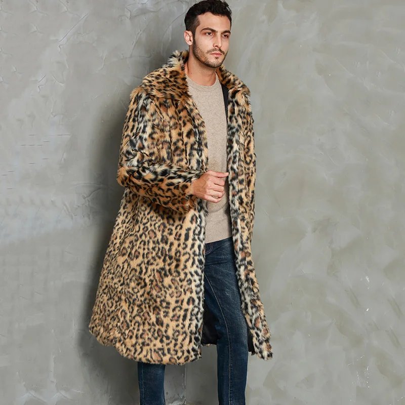 Европейские размеры новые длинные меховые куртки мужское леопардовое пальто из