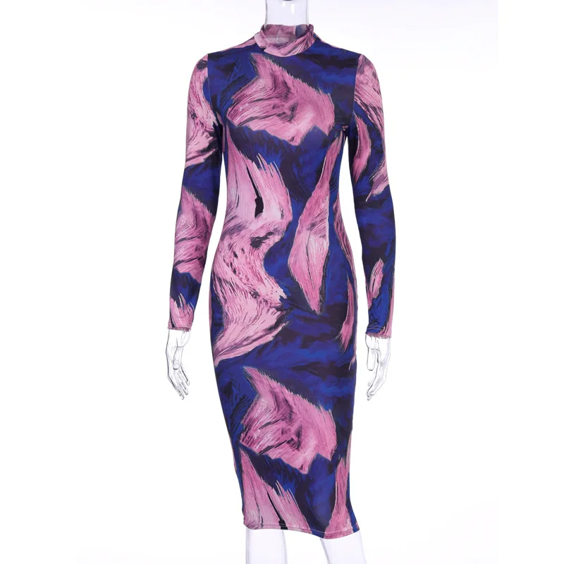 

free shipping 2020 joocar sexy women o neck long sleeve bodycon retro print dress JC1375