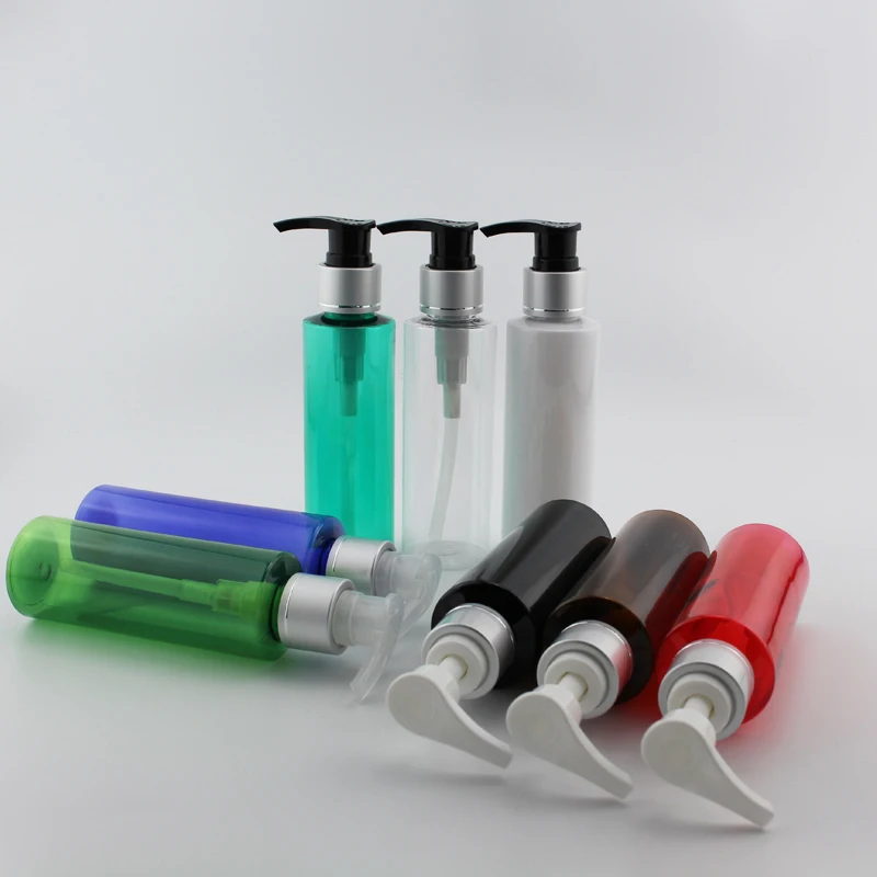 

120ml X 12 Empty Colored Plastic Shampoo Bottles With Silver Aluminum Lotion Pump 120cc Redillable PET DIY Vial For Lotion Cream