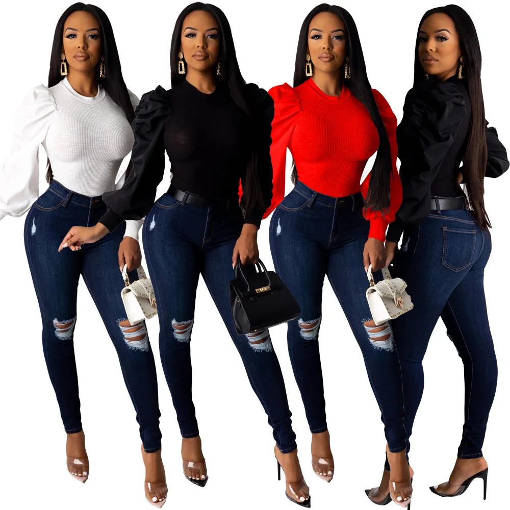 

Women's long-sleeved , puff sleeve, round neck, tight sleeve, spliced lantern sleeve