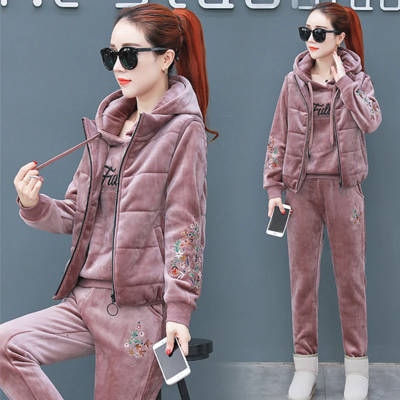 

Thickening Suits Women Leisure Warm Winter Double-Sided Velvet Clothes Pleuche Fleece Three-Piece Suit Hoodies Vest Pants Set