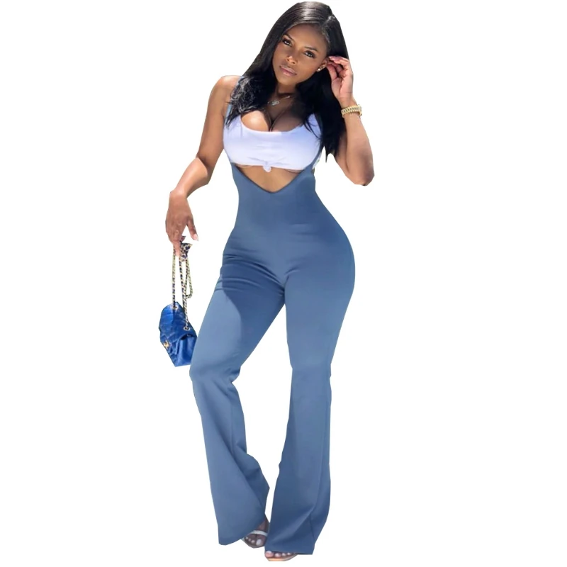2019 Спагетти ремень спинки Брюки-клеш комбинезоны сплошной цвет Комбинезоны