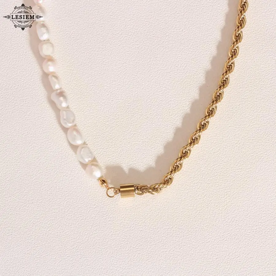 

LESIEM 2021 trend 18KGP Gold Filled Female Friend Clavicle Chain Half pearls, half twist chain vintage necklace Elegant