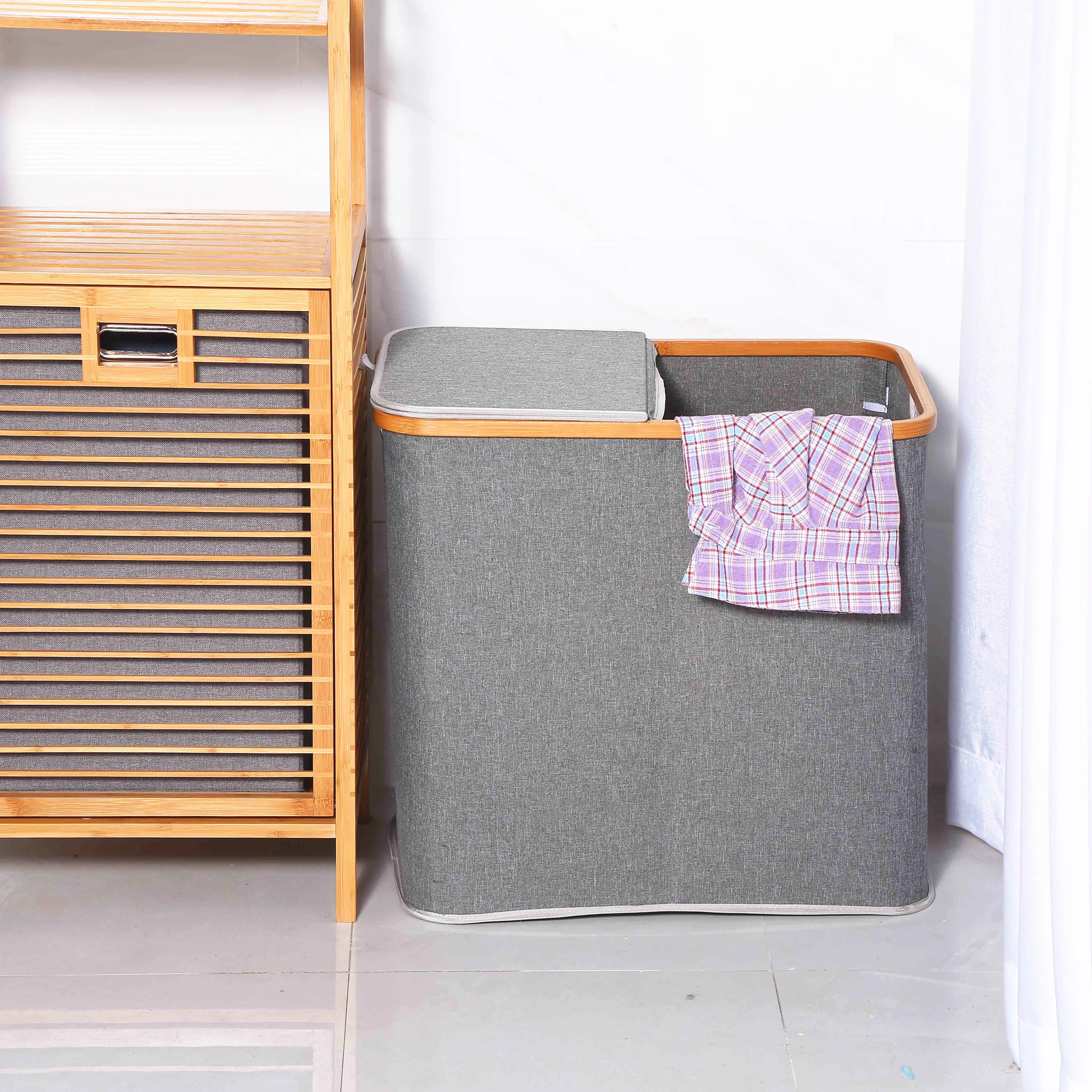Двойная корзина для белья SHUSHI с крышкой большая бамбуковая грязной одежды ручкой