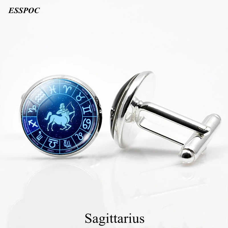Sagittarius 12 знаков зодиака стеклянные запонки кабошон серебряные металлические созвездия запонки для мужчин рубашки аксессуары подарки на день Св. Валентина - Окраска металла: Sagittarius
