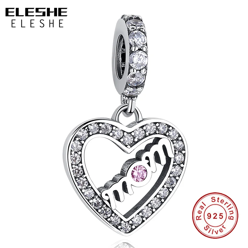 ELESHE, серебряные бусины 925 пробы, Кристальное сердце, мама, шарм, подходит для оригинала, Пандора, браслет, сделай сам, ювелирное изделие, подарок на день матери