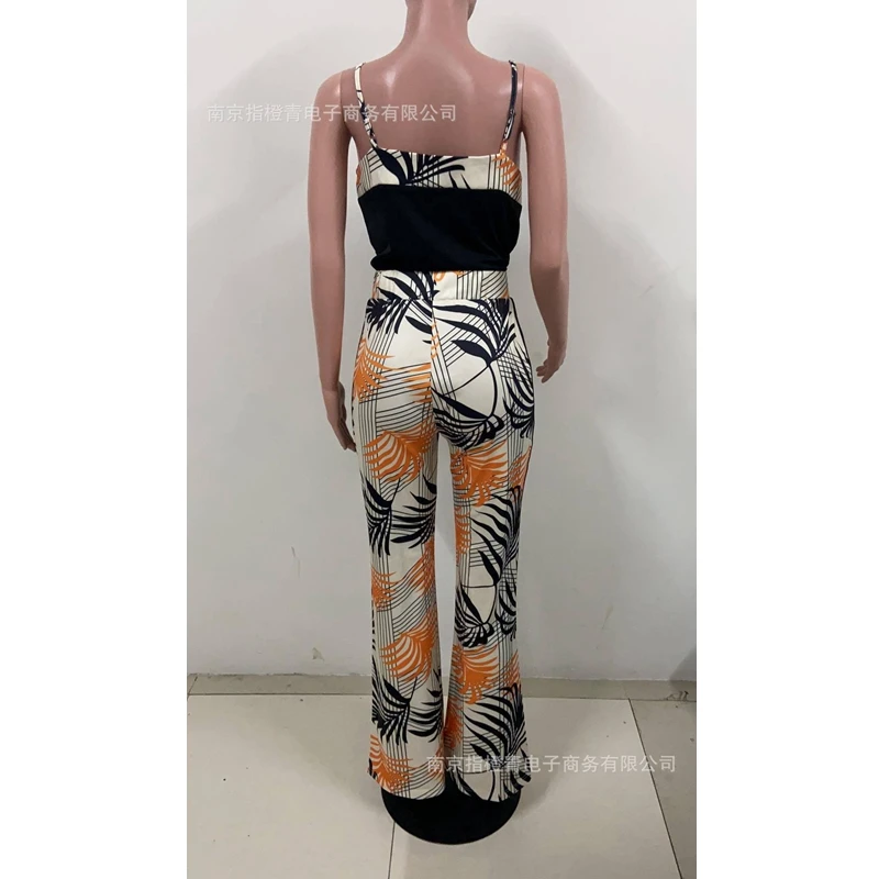 

Mandylandy Summer V-neck Backless Spaghetti Strap Top + High Waist Wide Leg Pants Suit Women Sexy Slim Fit Digital Printing Suit