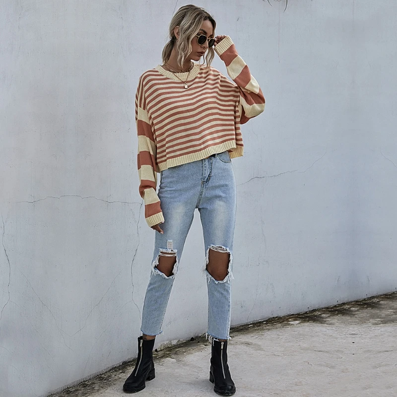 

Women Long Sleeve Knitted Striped Sweater Round Neck Casual Loose Jumper Pullover Tunic Tops Autumn Winter Clothing