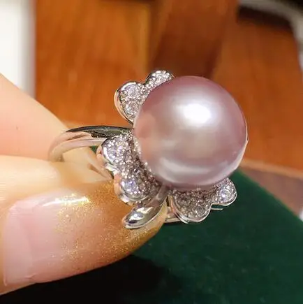 

free shipping 9-10mm round flower freshwater pearl ring Zircon crystal gem Jewellery