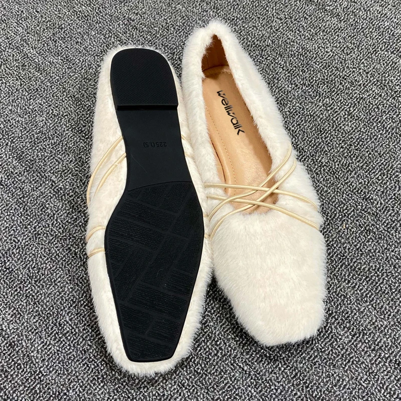 Меховая обувь на плоской подошве женские зимние балетки с эластичными полосками