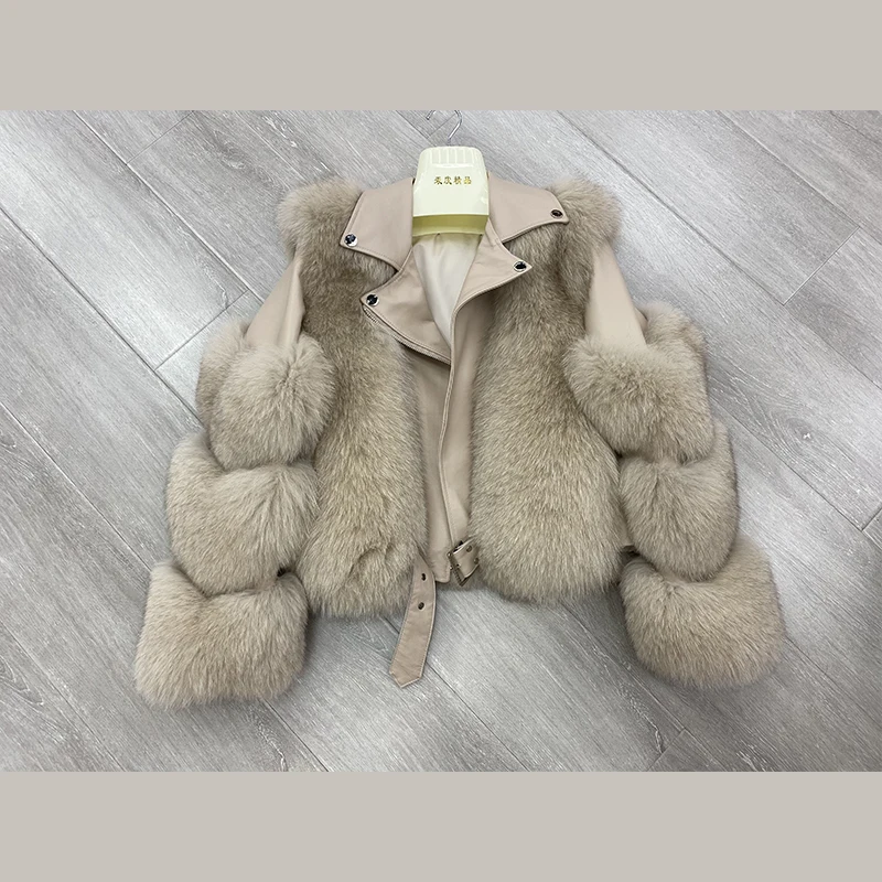 2020 Winter Hot Sale 100% Genuine Fox Fur Leathe Jackets Sheepskin Coat Fashion Women Thick Fox Fur Locomotive Jacket