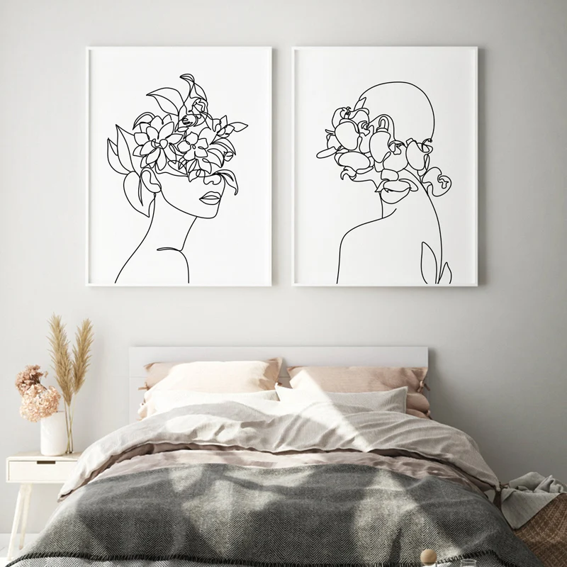 Линия искусства женщины с головой цветы художественный принт Современный