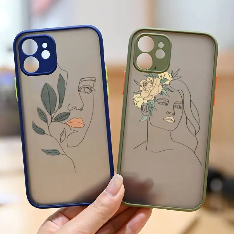 

Art Retro Abstract Geometry Leaves Phone Case For iPhone 12 11 Mini Pro XR XS Max 7 8 Plus X Matte transparent Back Cover