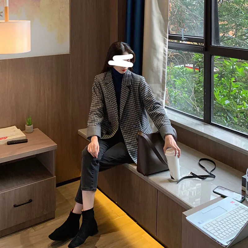 

2021 new ladies suit fashion British style loose slim belt plaid jacket