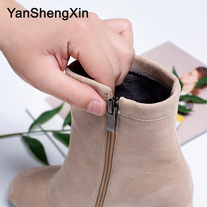 YANSHENGXIN/обувь женские ботинки однотонные замшевые сапоги до середины икры на молнии Женская обувь на высоком каблуке осенне-зимние сапоги женские ботинки