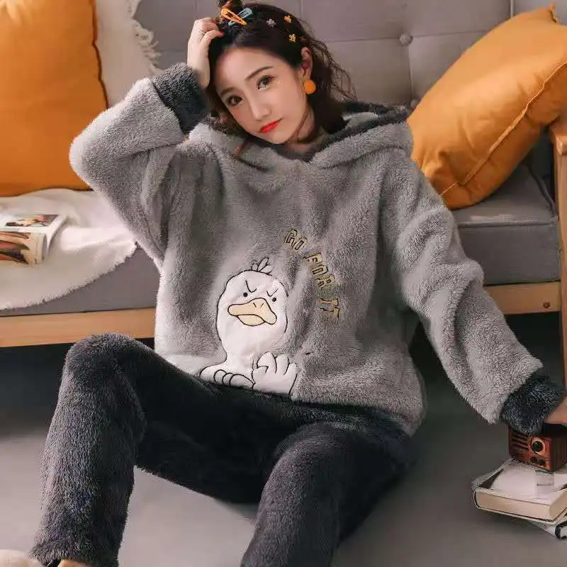 Thick Clothing Set Kartoon Kawaii Sleepwer 2021 Winter Women's Pajamas Coral Fleece Warm Woman 2 Pieces Hooded Trouser Suits | Женская