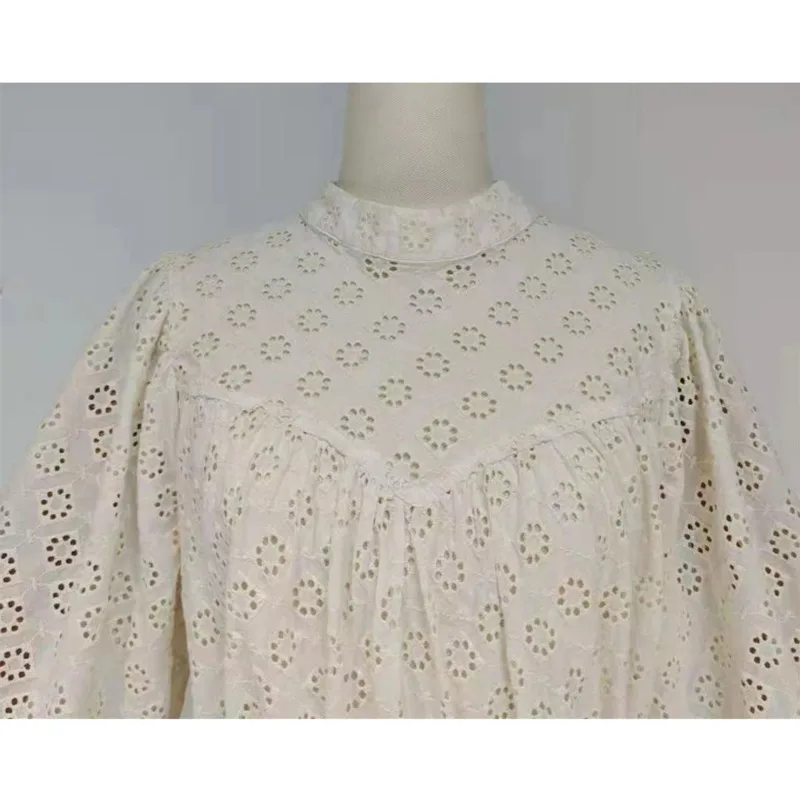 

DEAT 2021 new fashion solid color stand collar lantern sleeve embroidery hollow out folds high waist dress summer autumn 7E387