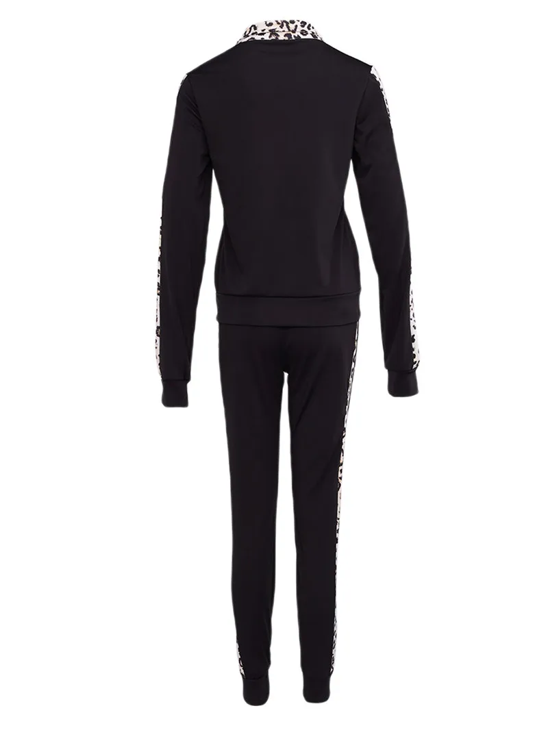 

Womens 2 Piece Outfits Long Sleeve Leopard Patchwork Zip Top Coats Long Pants Set Tracksuit