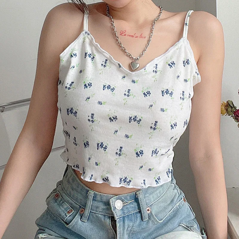 

2021 New Women's Rib Knit Camisole Sexy V Neck Spaghetti Strap Floral Print Crop Cami Tops