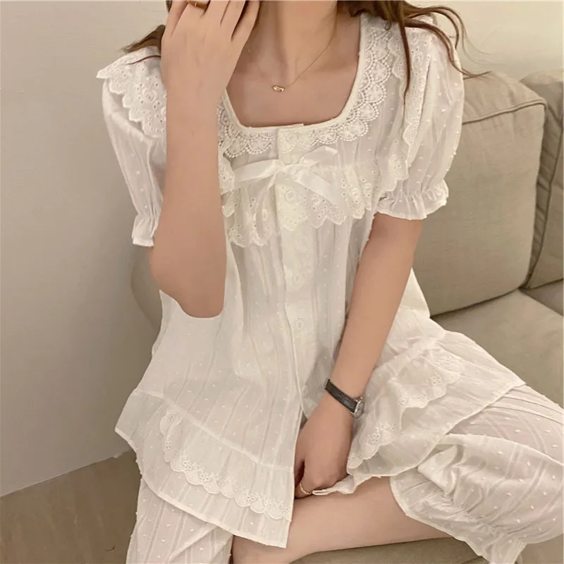 Korean Women's Pajamas Sets All Cotton Court Breeze Lace Nightgown Princess Wind Short Sleeve Capris Home Suit Female Sleepwear