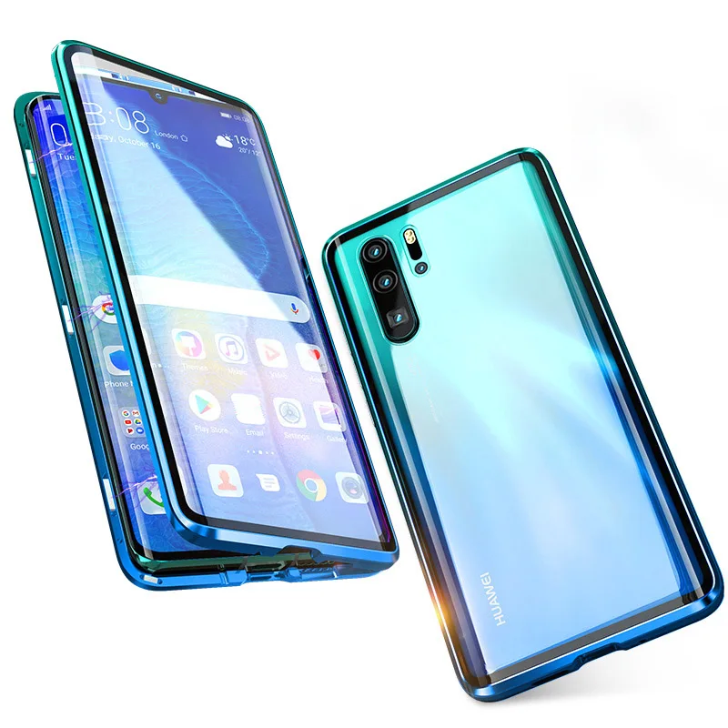Роскошный магнитный металлический бампер, чехол для Huawei P30 Pro P20 Mate 20, покрытие 360 стекло, полный корпус, чехол для телефона Huawei P30, бронированный чехол P 30 - Цвет: Gradient Green