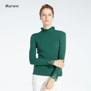 Женский трикотажный свитер Marwin, однотонный мягкий теплый пуловер с оборками на воротнике, с кружевом, зима 2019