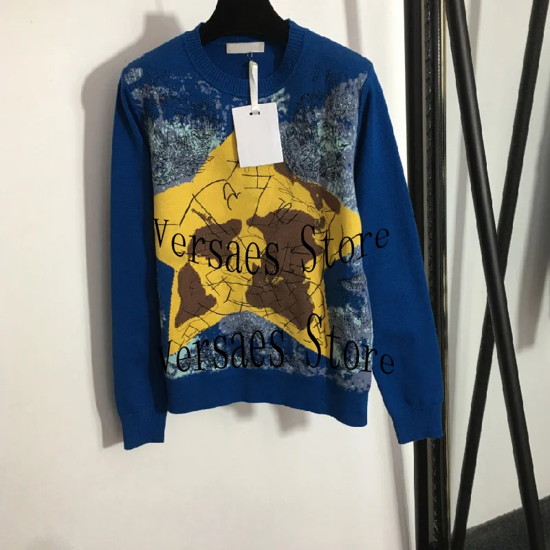 

2021 luxury design fashion five pointed star map embroidery sweater temperament round neck long sleeve women's sweater sweater