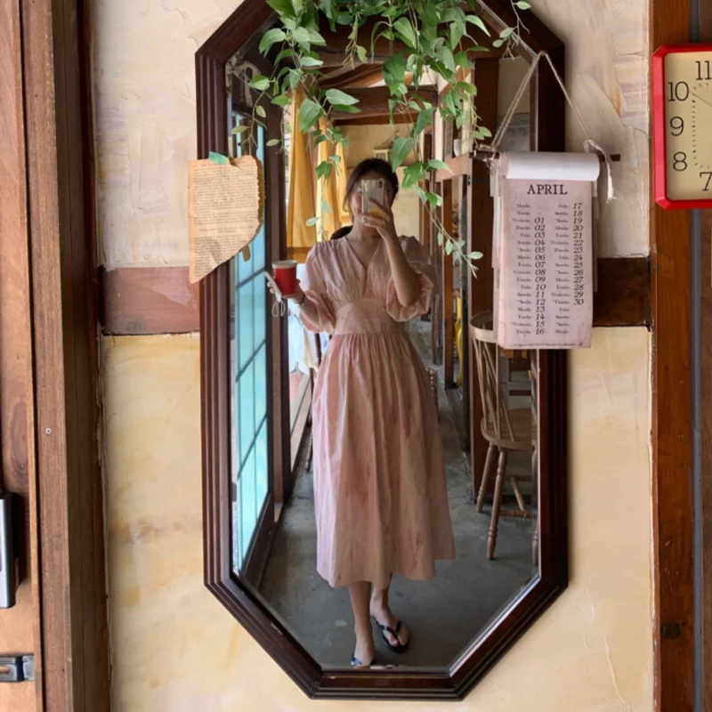 

Sweet Rendering Printed V-neck Woman Dress Tie Waist Lantern Sleeves Big Swing Vestido De Mujer Korean Chic A Line Elegant Robe