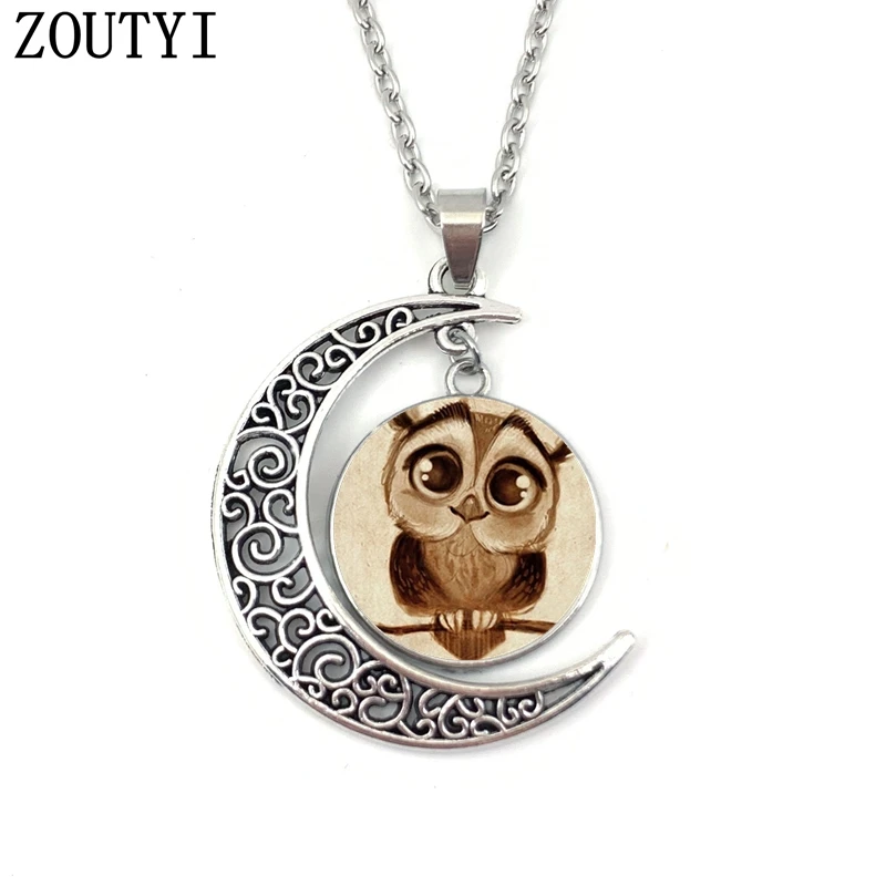 2019/Charming cute owl art moon convex crystal pendant necklace men's and women's necklaces gifts. | Украшения и