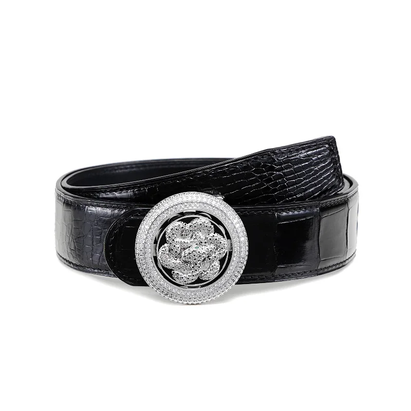 snake buckle black McParko роскошный мужской ремень из натуральной кожи крокодила, поясной ремень с пряжкой в виде животных, стразы, круглый ремень для счастливых мужчин коричневого цвета - Цвет: snake buckle black