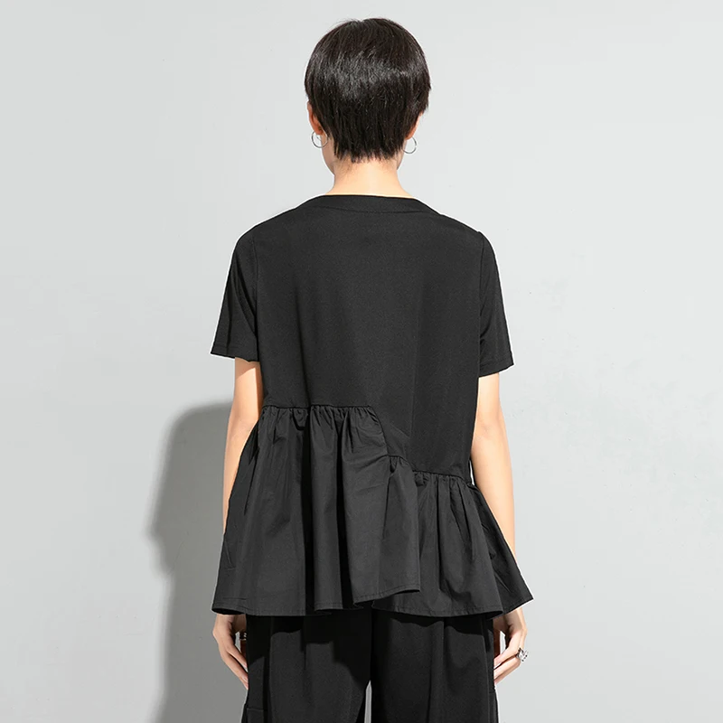 

CHICEVER Black Patchwork Pockets T Shirt For Women O Neck Short Sleeve Irregular Hem Loose T Shirts Females Summer Fashion Style