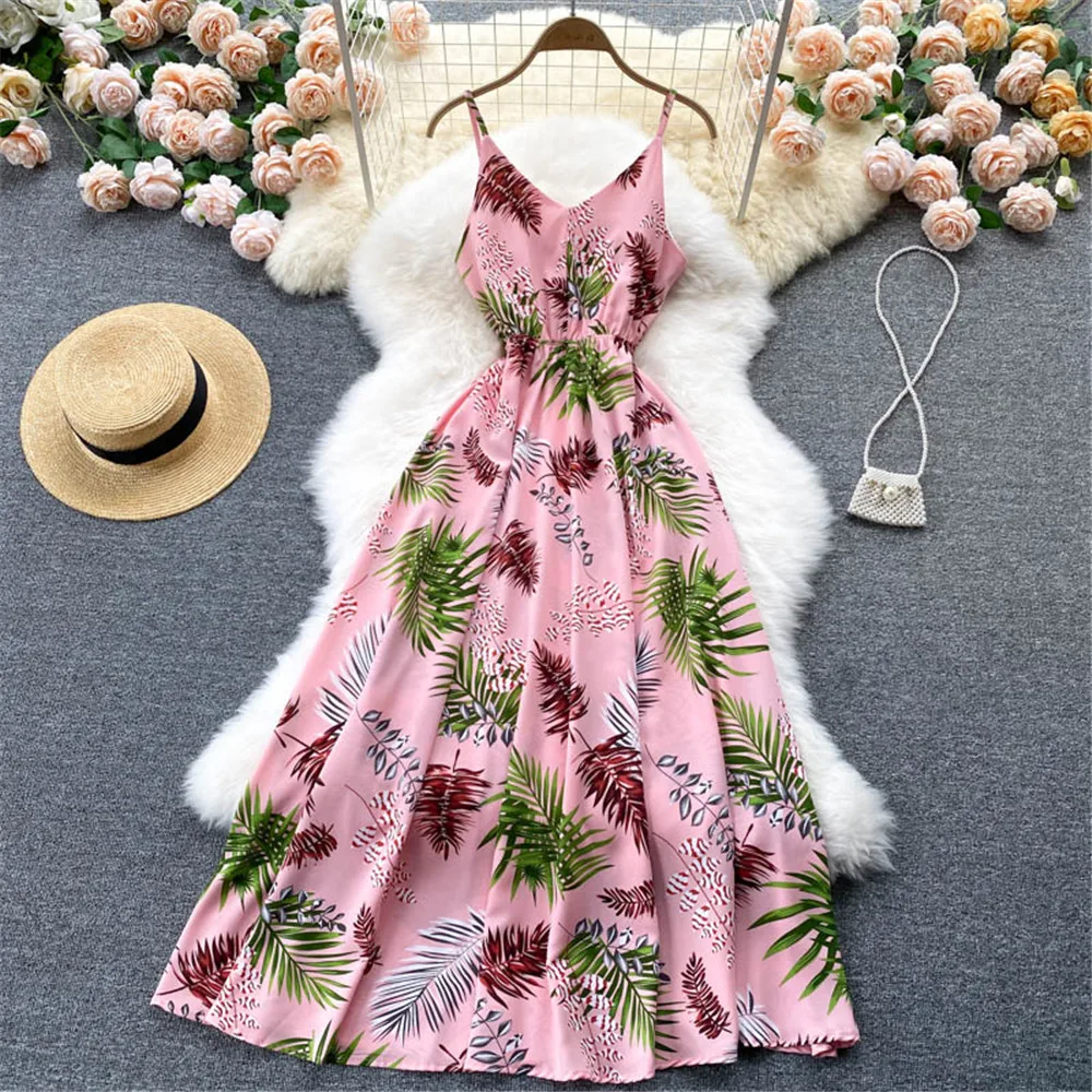 

Boho Women Summer Dress V Neck High Waist Printed Sling Beach Dresses Sundress Fashin Vestidos Female Robe Woman Clothing 2021