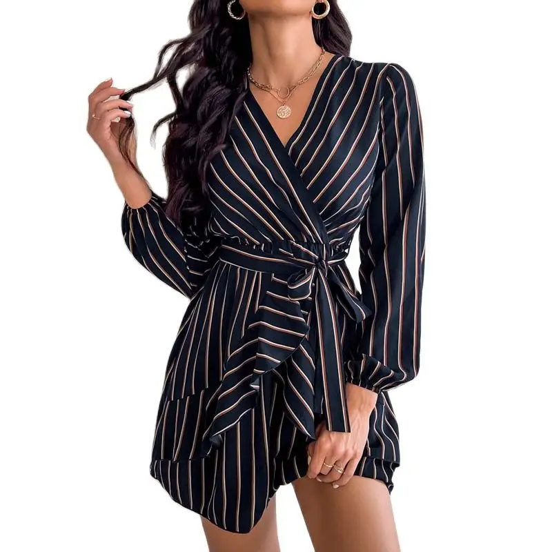 

2022 Spring Summer New Dresses Women Long Sleeve Stripe Short Skirt Dark Blue V-neck Basic Models Street Hipster Clothing Female