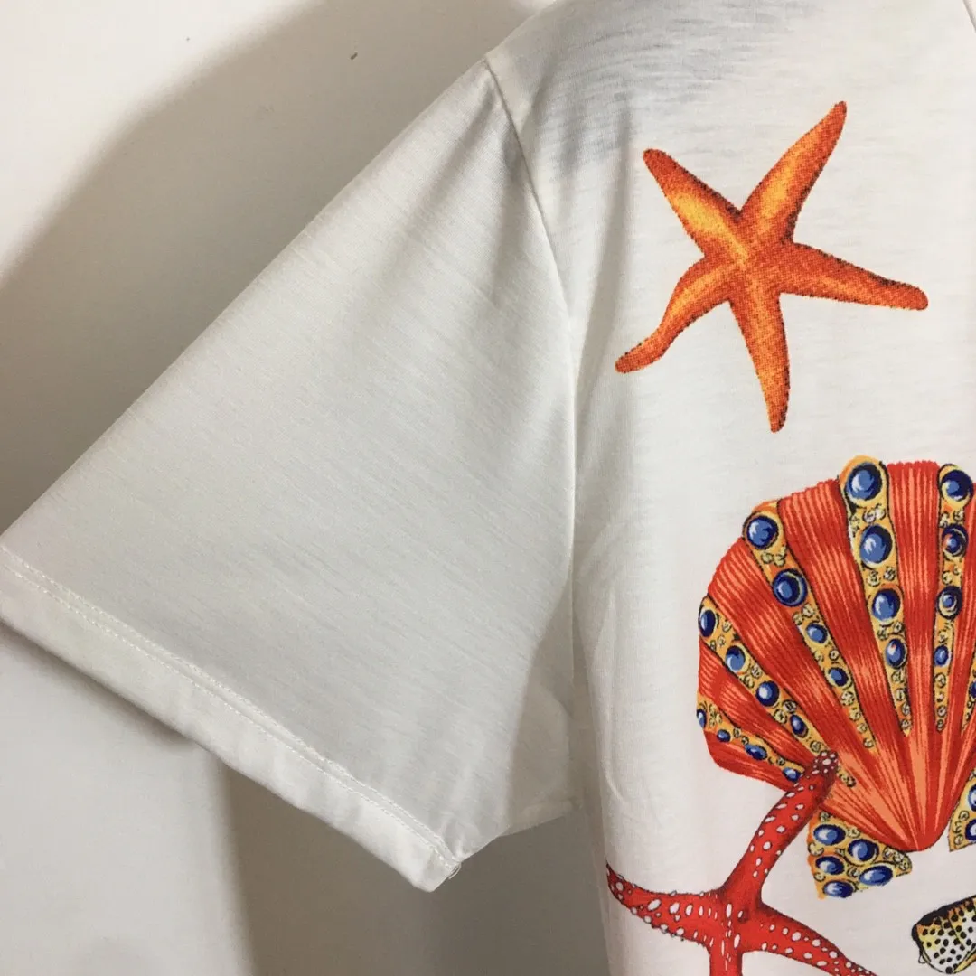 

High Quality Luxury Summer Sexy Women New Shell Starfish Print Short Sleeve Tshirt Tops