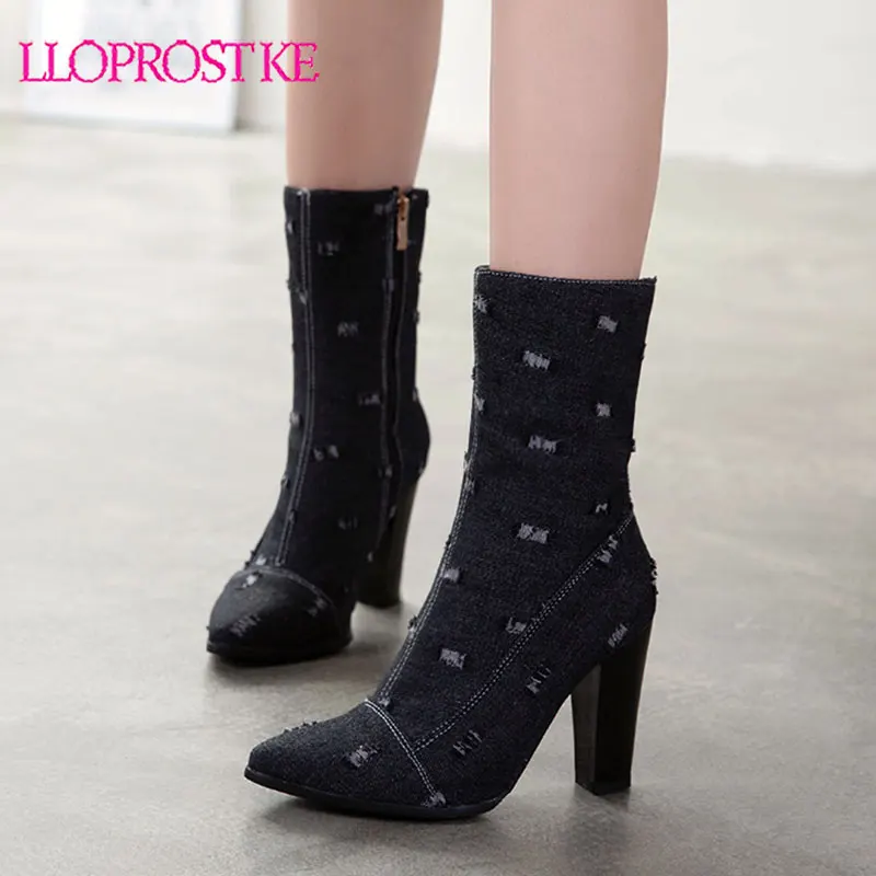 

Lloprost ke 2020 new ankle boots for women pointed toe Denim prom boots elegant thick heel autumn winter boots womens size 33-50