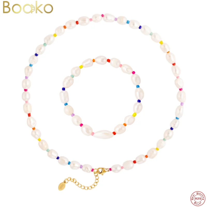 

BOAKO plata de ley 925 Sterling Silver Bead Strand Beaded Choker Necklace For Women Bohemian Colorful Pearl Necklace Jewelry
