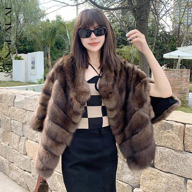 

SHENGPALAE Fashion Patchwork Jacket Women's Winter 2021 New Stand Collar Single Breasted Nine Point Sleeve Imitation Fur Coat
