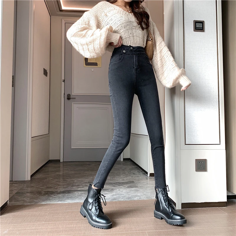 Осень/Зима 2019 с флисом джинсы высокой талией для женщин черные колготки