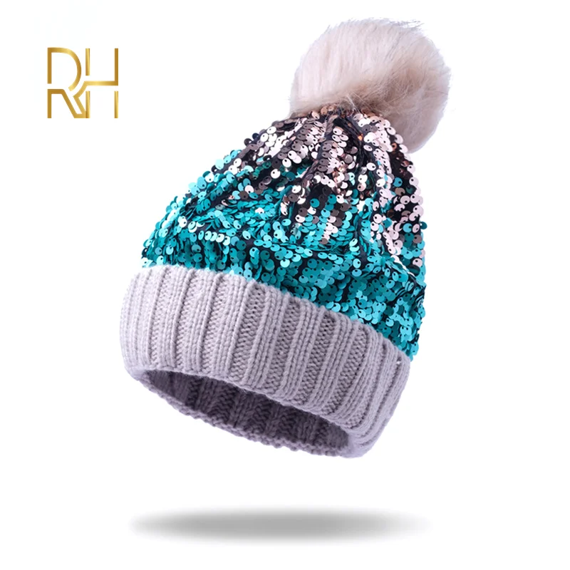 Шапки с помпонами теплые вязаные помпоном женская меховая шапка из меха енота