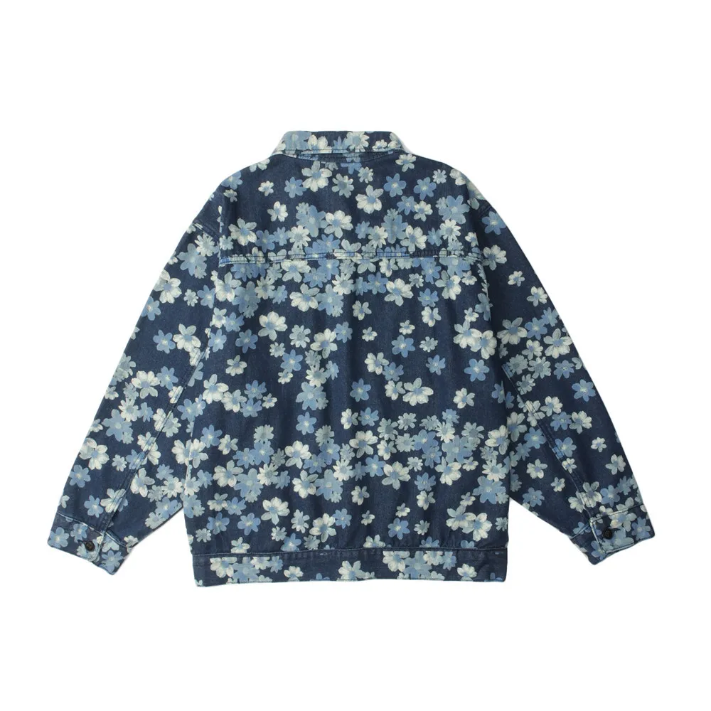 

SEVEYFAN Men's Retro Full Flower Printed Denim Jacket Pure Cotton Single Breasted Jean Coat for Male