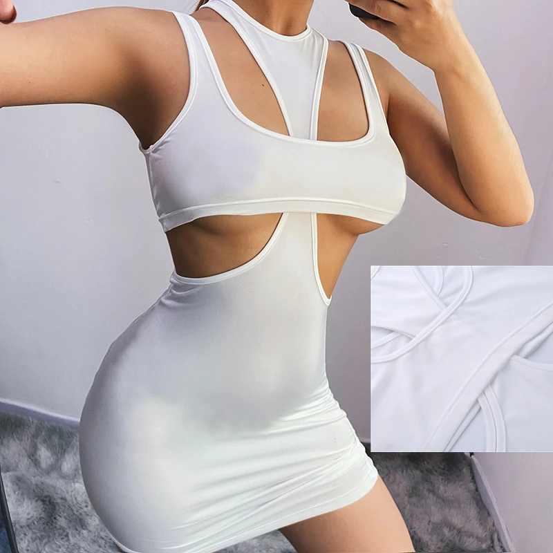 

SKMY Summer New Style Sleeveless Can Be Worn On Both Sides Sexy Hollow Dress High-Quality Fitted White Party Fairy Dress 2021