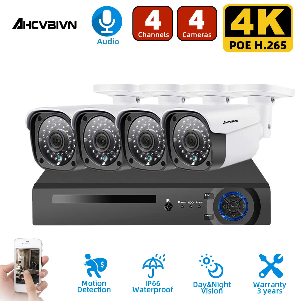 

H.265 8CH 4K NVR 8MP CCTV System Audio Record Outdoor Waterproof P2P Security 4*8MP AI Camera Set Video Surveillance Kit