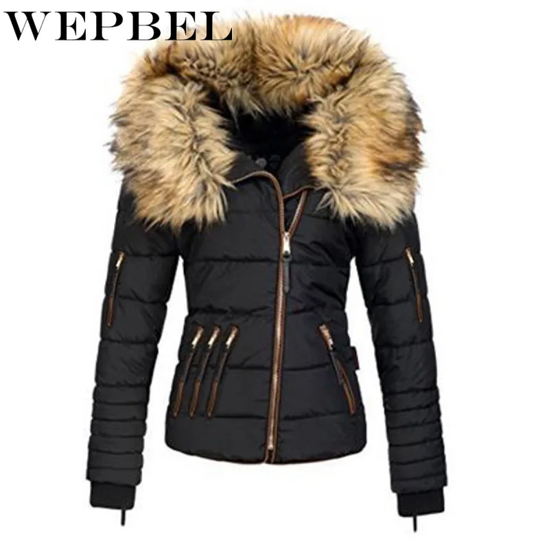 

WEPBEL Women Winter Parkas Ladies Elegant Zipper Corset with Faux Fur Collar Down Jacket Coat Female Hooded Warm Slim Parkas