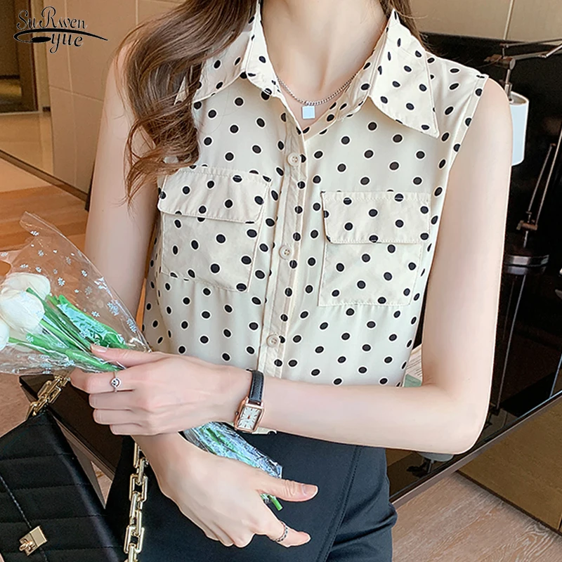 

2021 Summer Single Breasted Women Shirts Sleeveless Clothing Casual Printing Silk Polka-dot Women Blouses and Tops Blusas 14616