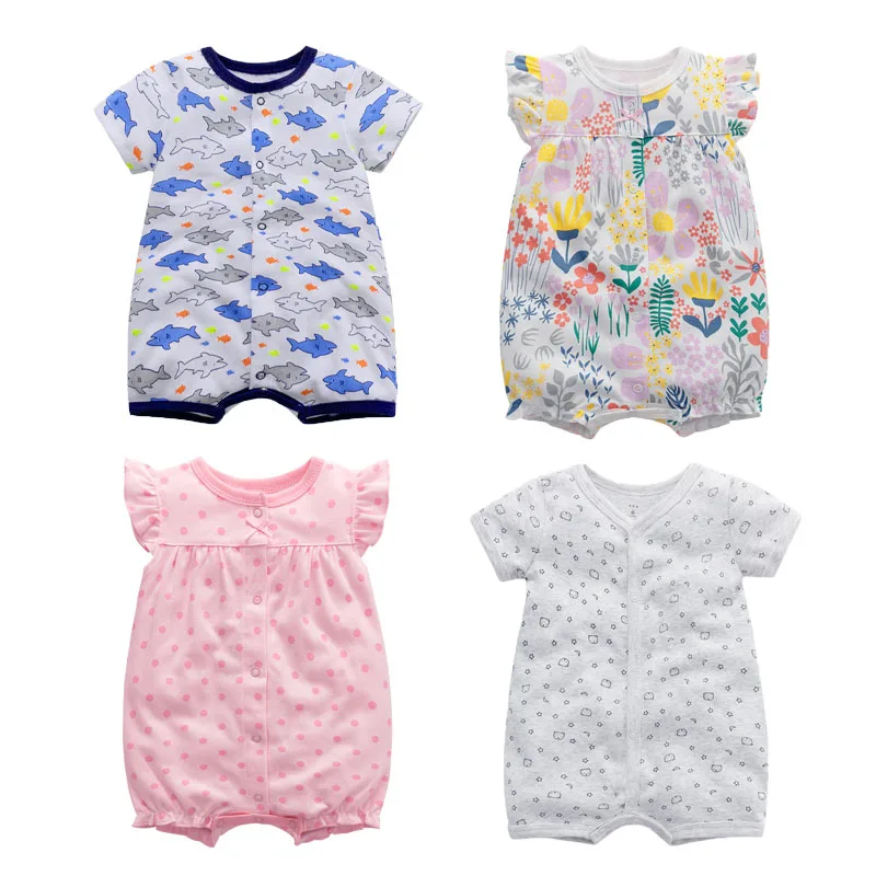 

4 pieces of new summer newborn romper cotton short-sleeved boy baby clothes girl printing suit crawling baby 6-24M new