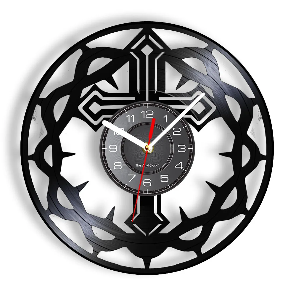 

Christianity Cross Thistles & Thorns Vintage Vinyl Wall Clock Pious Home Decor Medieval Style Laser Cut LP Wall Watch Disk Craft