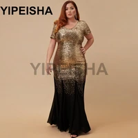 v neck short sleeve backless plus size evening dresses mermaid glittery sequined contrast color oversize prom party gown