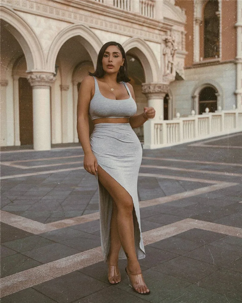 

Sling Vest Long Skirt Women's 2 piece 2021 Summer High Open Fork Asymmetry Elegant Sexy Hot Solid Color Tops Streetwear